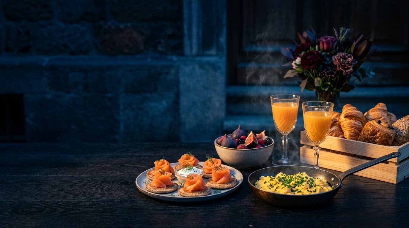 Festlicher Brunch mit Räucherlachs, Rührei, Früchten und Gebäck in stimmungsvollem Licht