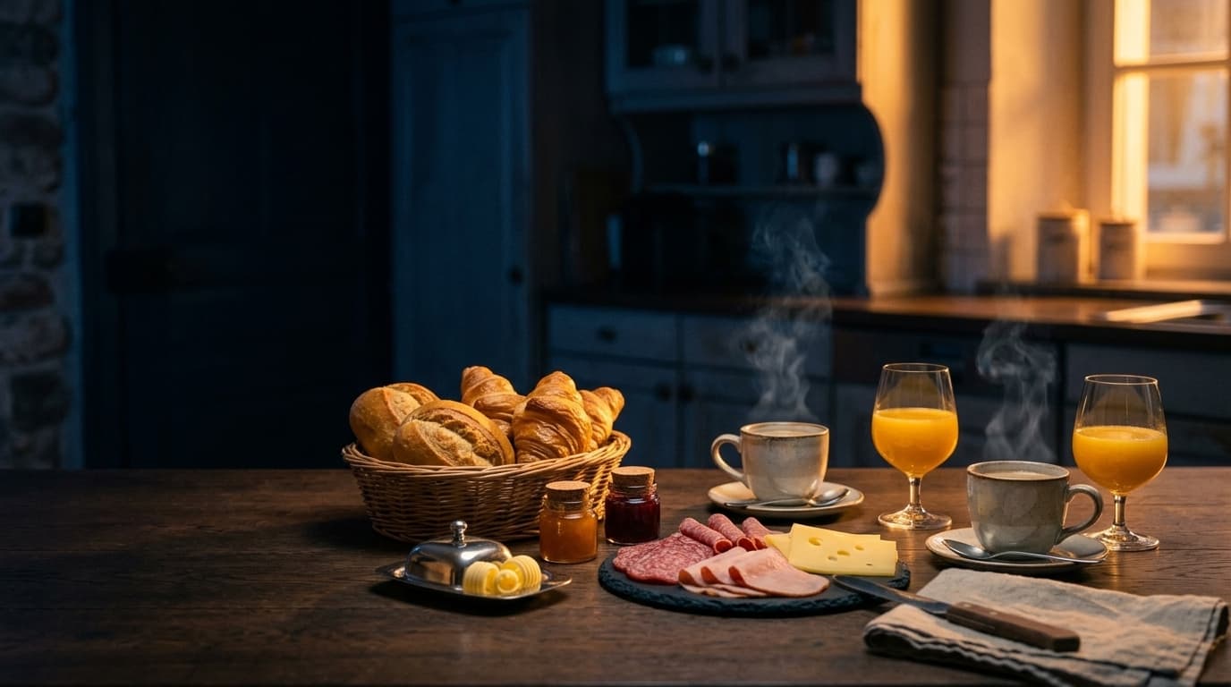 Klassische Frühstücksbox mit Brötchen, Croissants, Käse, Aufschnitt und Orangensaft im warmen Morgenlicht