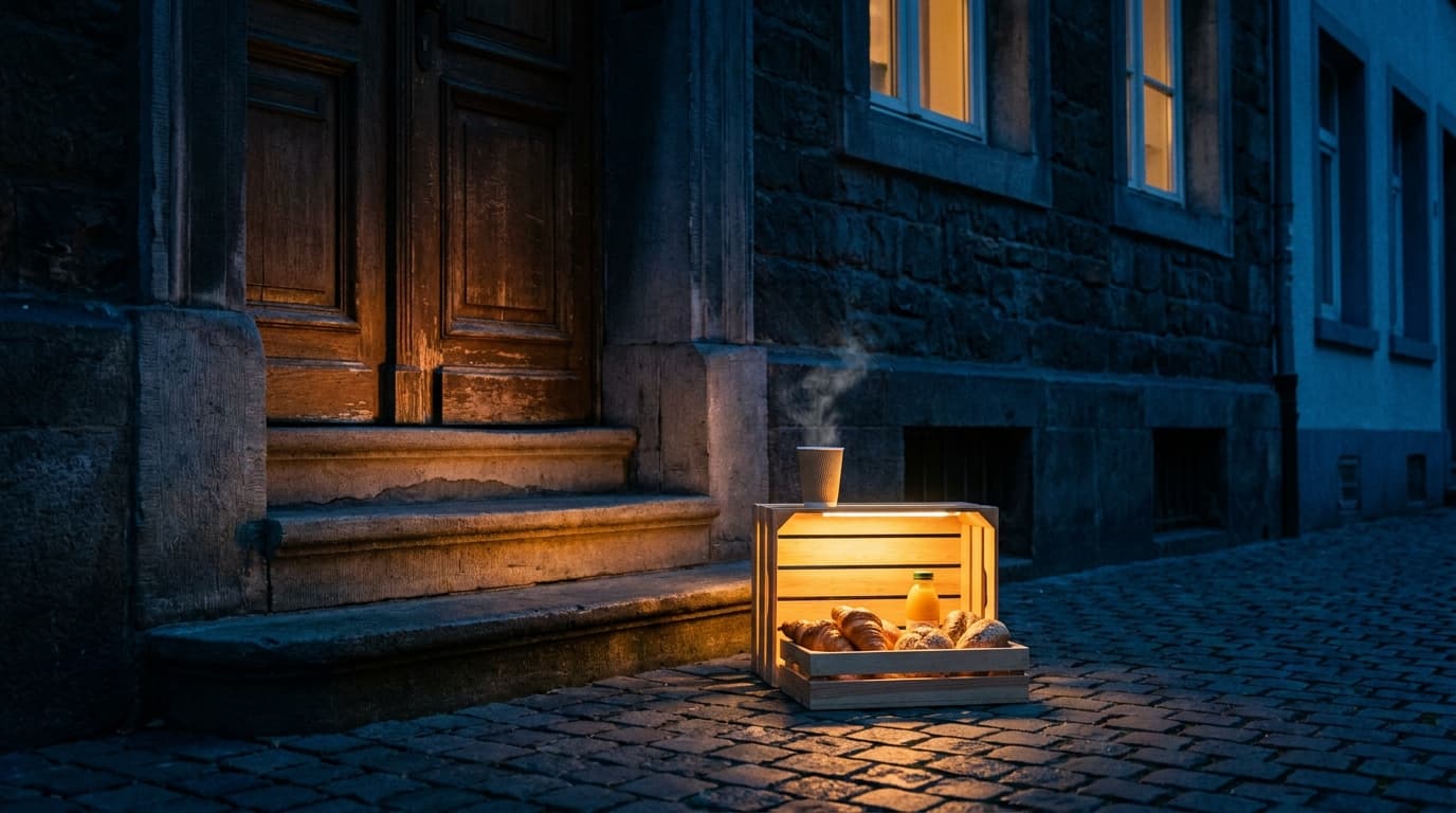 Blaue Stunde in Aachen: eine leuchtende Frühstücksbox mit Croissants und dampfendem Kaffee vor einer Altbau-Haustür