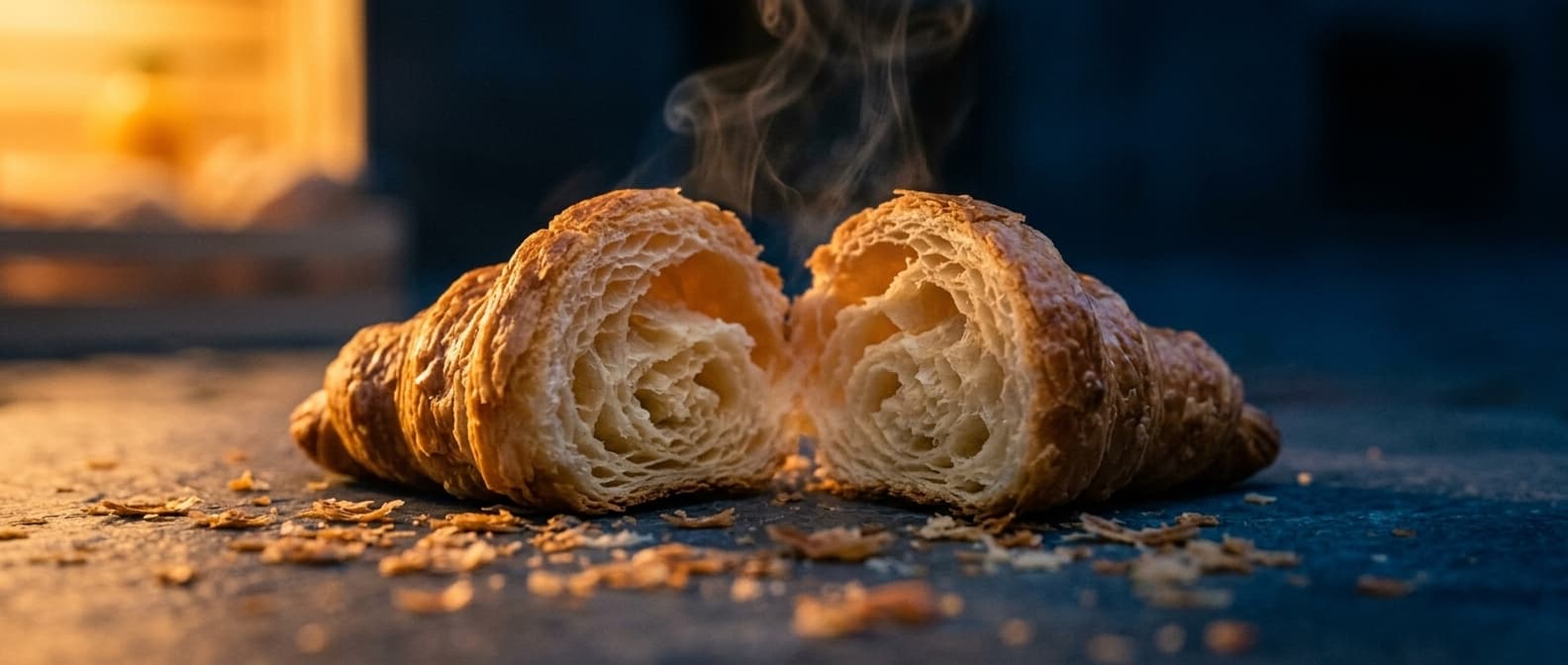 Aufgerissenes, noch dampfendes Croissant im goldenen Streiflicht der blauen Stunde
